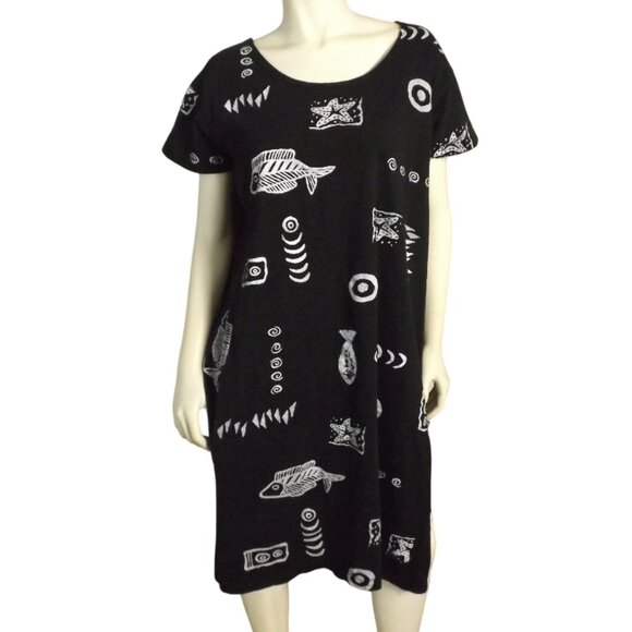EXIST T-shirt Dress, XL, Black Jersey/white Fish/Stars/geo print, Short sleeves - Picture 1 of 10